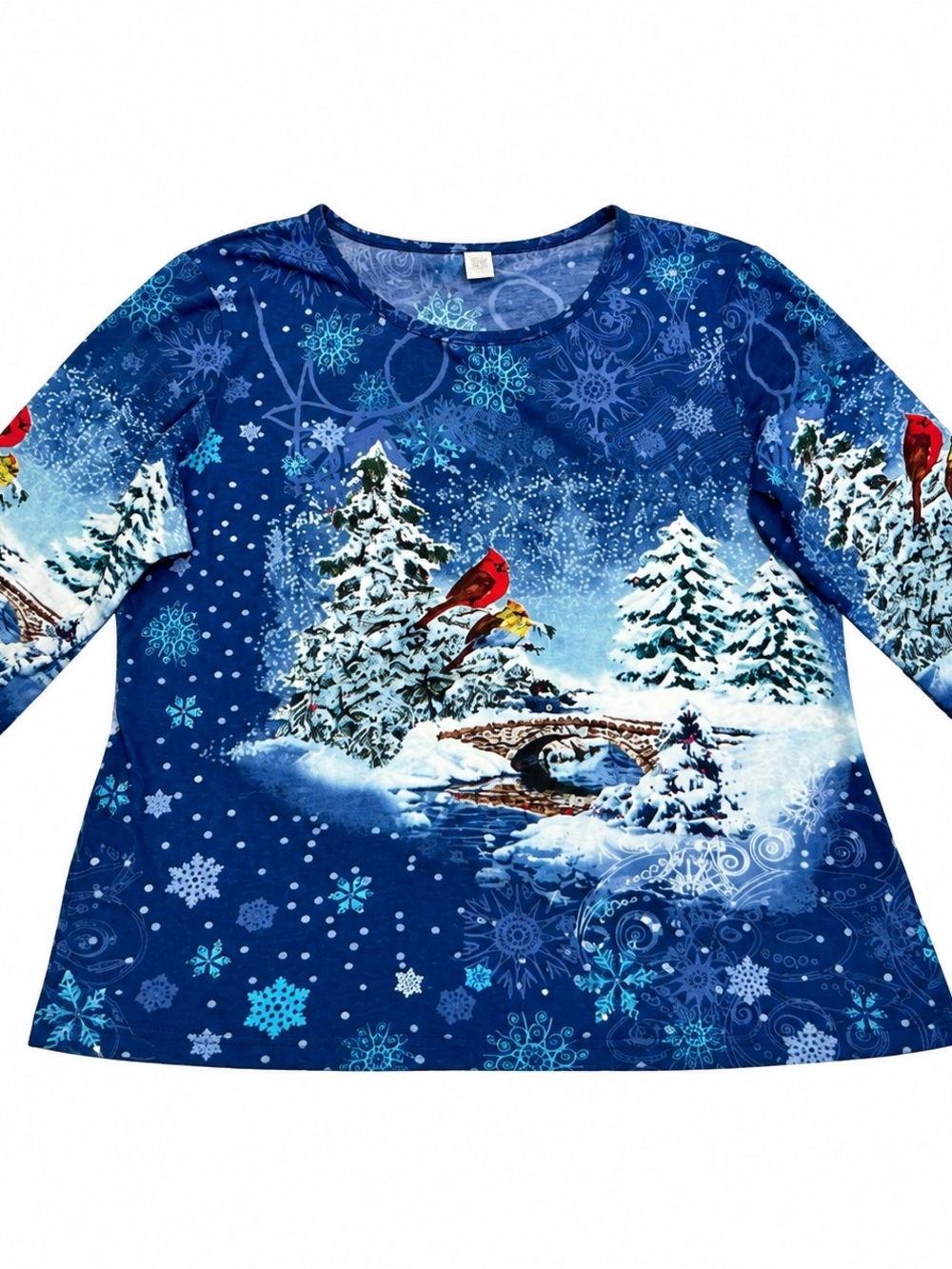 Collections Etc 2XL Christmas Winter Cardinal Snow Scene Top Cotton 3/4 Sleeve